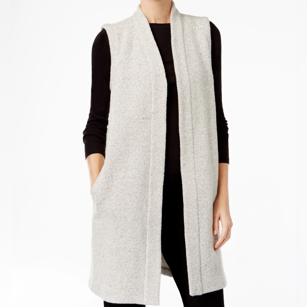 Eileen Fisher‎ Chunky Open Front Tweed Wool Vest Sz L